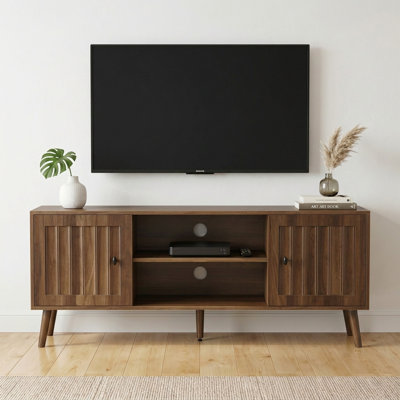Mid-Century Modern TV Stand With Fluted Doors, Walnut Finish Media Console With Open Shelf & Hidden Storage For Living Room