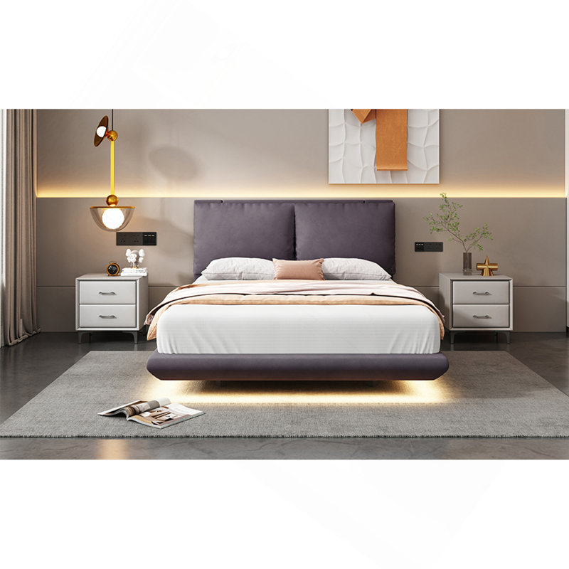 Lit plateforme tapissier pleine grandeur avec capteur de lumière et 2 grands dossiers, lit plateforme élégant avec 2 ensembles de ports USB et de prises sur chaque pied de lit arrière, gris