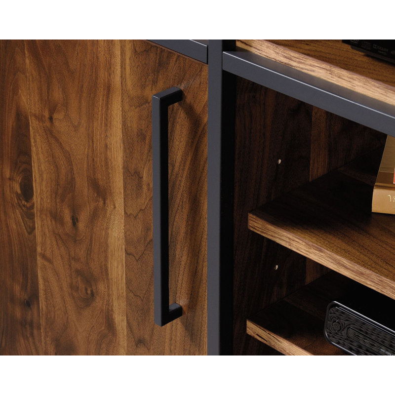 Grand Walnut and Black Metal TV Stand with Adjustable Shelves