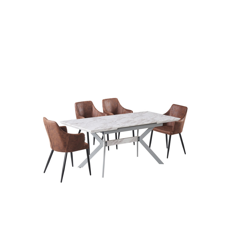 Eatonton 4 Person Dining set - a Rectangular Extendable Dining Table with Metal Legs and a Set of 4 Faux Leather Dining Chairs for Dining Room - Modern Dining Table Set