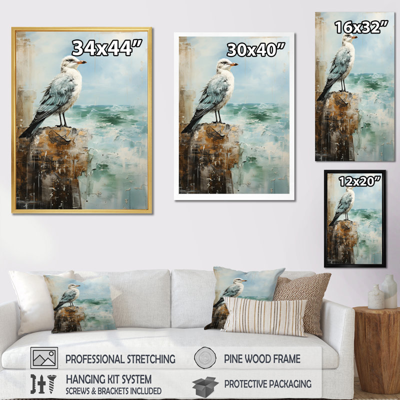 «Coastal Seabird - Coastal Beach Sand», art mural sur toile, Cadre naturel flottant, H 44 po x l 34 po x P 1,5 po