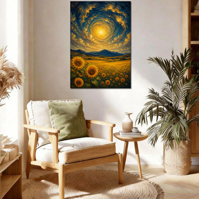 Van Gogh Inspired Sunflower Field Starry Sky Textured Canvas Wall Art for Living Room