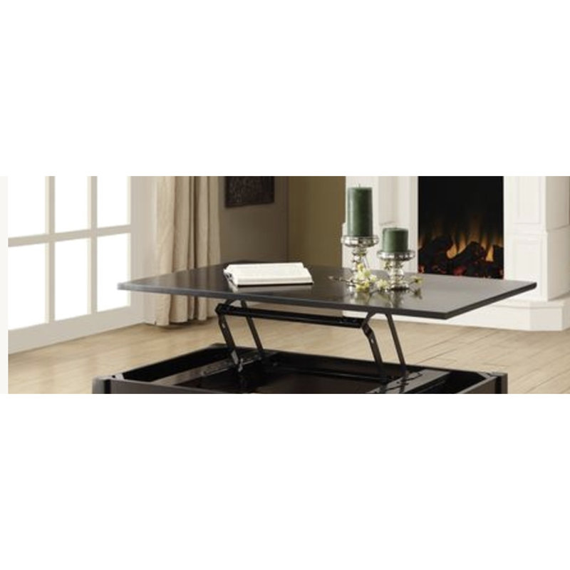 Table basse fonctionnelle noire avec pieds relevables et compartiment de rangement inférieur
