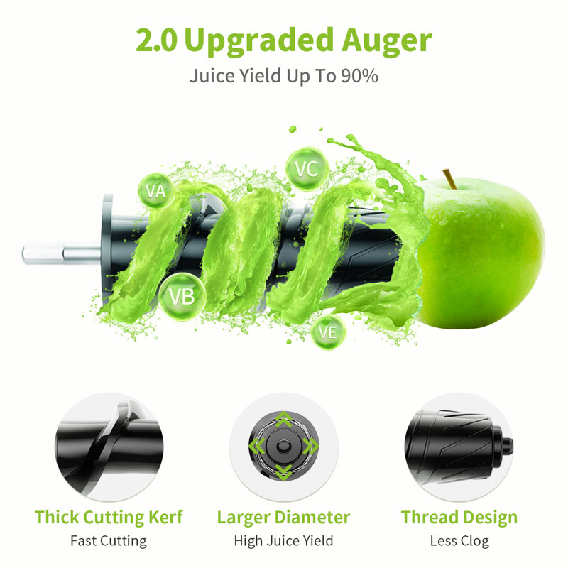Aeitto chewable juicer with a 3.6-inch wide channel, 2-speed mode, and reverse function, equipped with an easy to clean brush for fruit and vegetable juicers