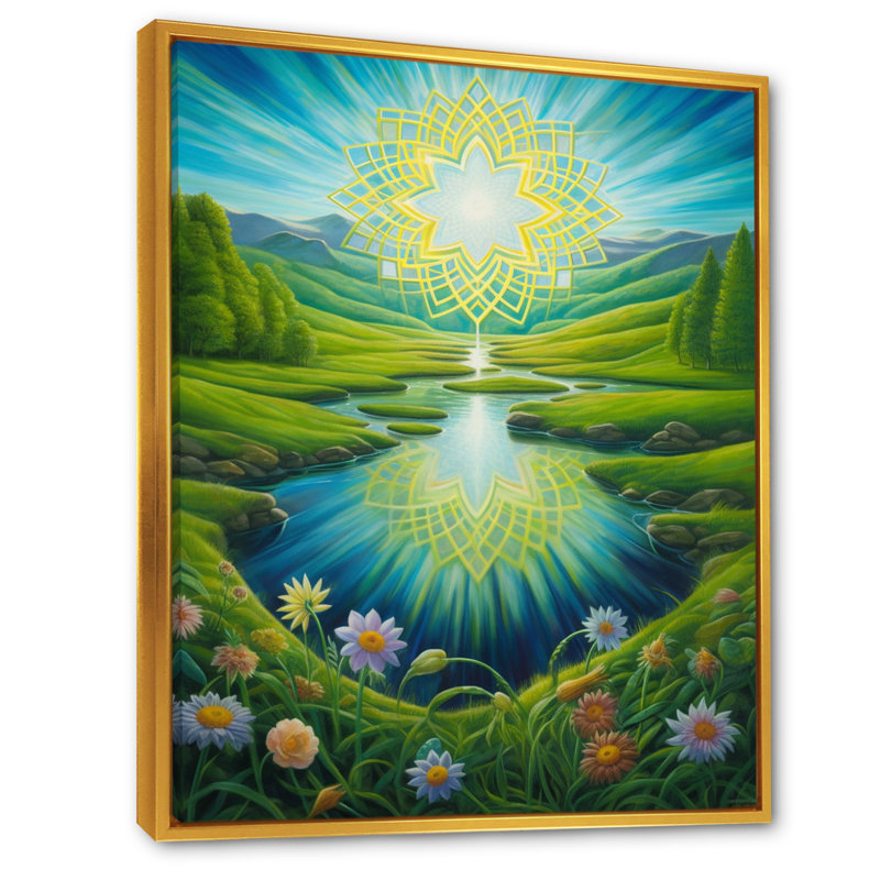 Mandala de printemps magique sur la vallée du paradis - reproduction, H 32 po x l 24 po x P 1 po, Cadre flottant doré