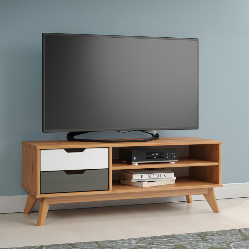 SOLID WOOD TV STAND NATURAL HONEY, WHITE & GREY