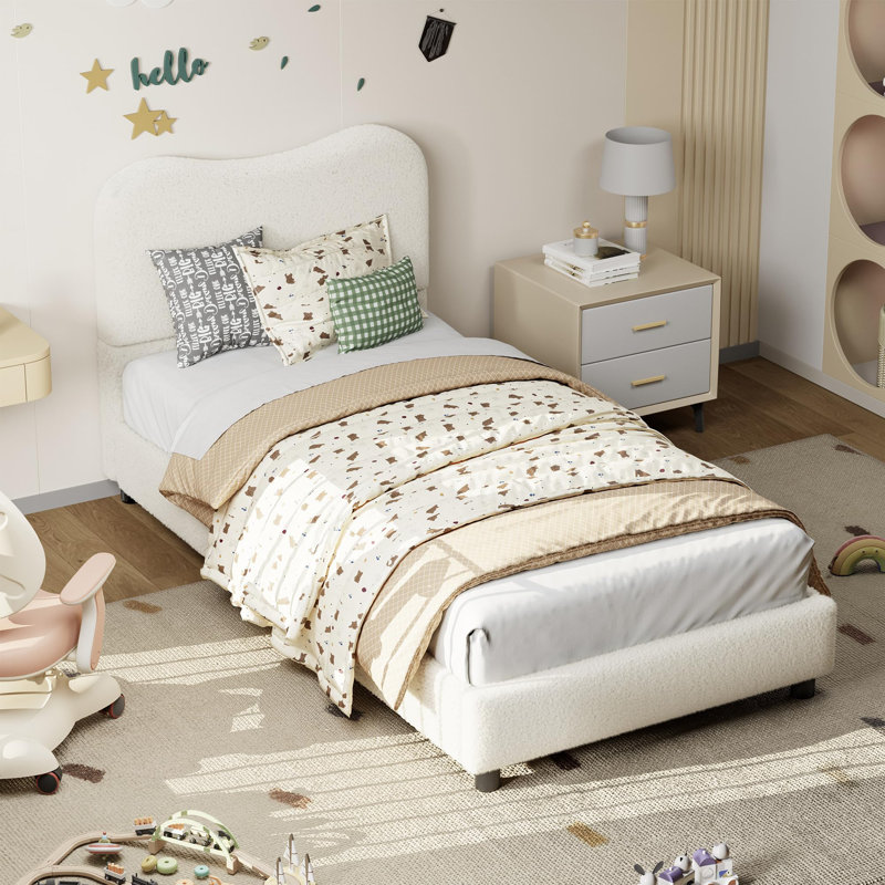 Twin Kids Bed Frame with Upholstered Boucle Headboard, Soft Low Profile Platform for Girls & Boys, Beige