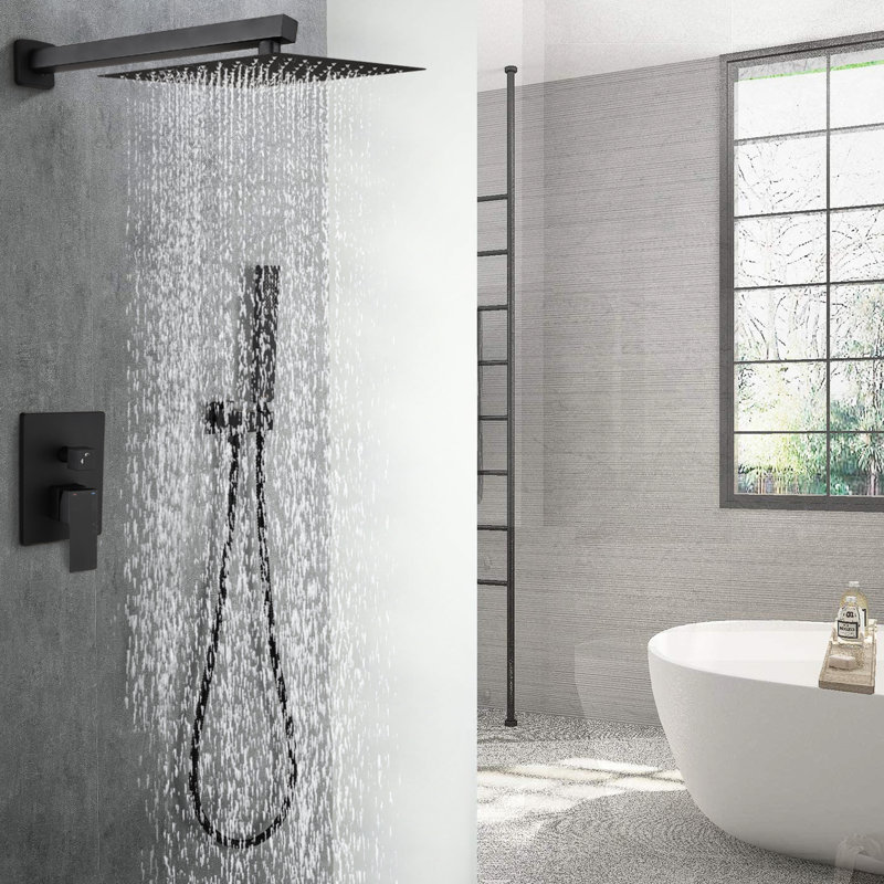 Système de douche mural en laiton noir mat de 12 pouces avec tête réglable, poignée simple et matériaux pluie avec débit d'eau, protection contre les brûlures par levier