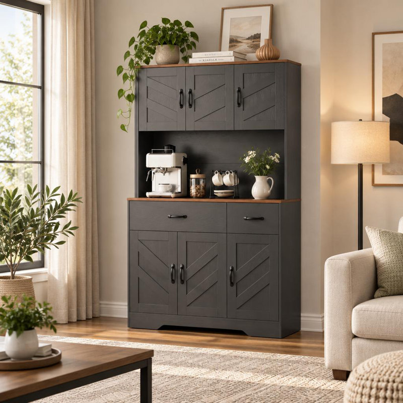 Armoire de cuisine avec station de charge et support pour micro-ondes Farmhouse, Blanc
