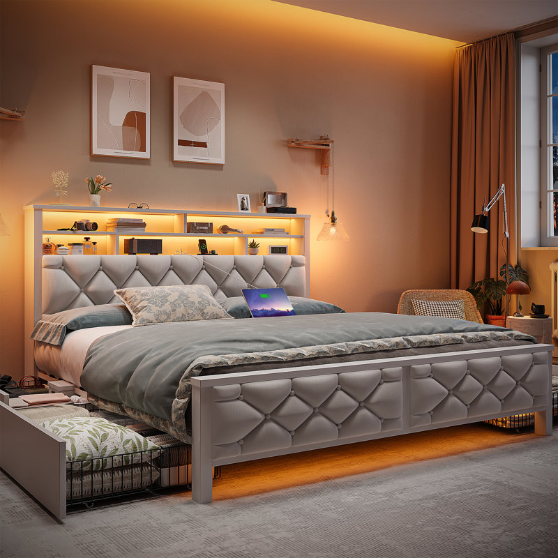   Upholstered Bed with Wood Frame, 4 Storage Drawers, Modern Bed Frame with Charging Station & LED Lights, Headboard Included,Queen/Beige