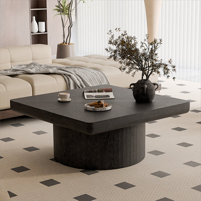 Table basse carrée de 34,6 po pour le salon, plateau moderne en placage de bois avec motif de parquet et base cylindrique, plateau de table épaissi, assemblage facile, noir