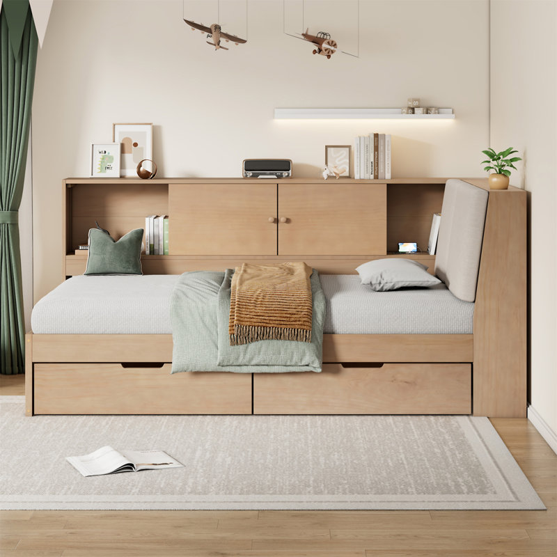 Wooden   L-Shaped Daybed Corner Bed Under-Bed Drawers  With Storage Bookcase And Upholstered Headboard And USB Charging Ports For Limited Space