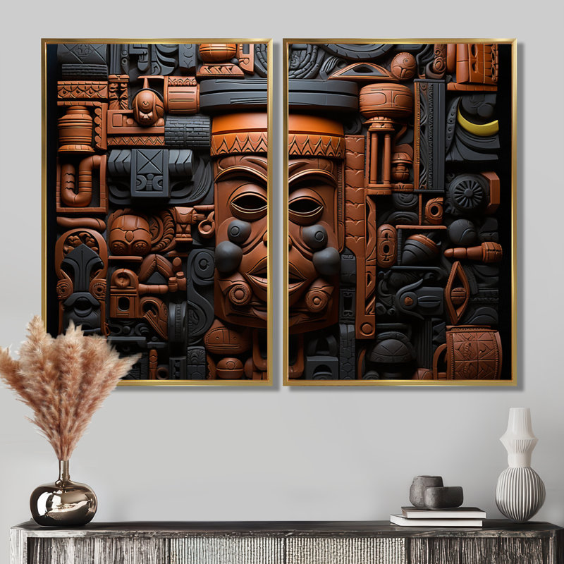 Motif de masques de Kuba africain brun et noir - Masque africain, ensemble d'art mural encadré de personnes brunes, Doré