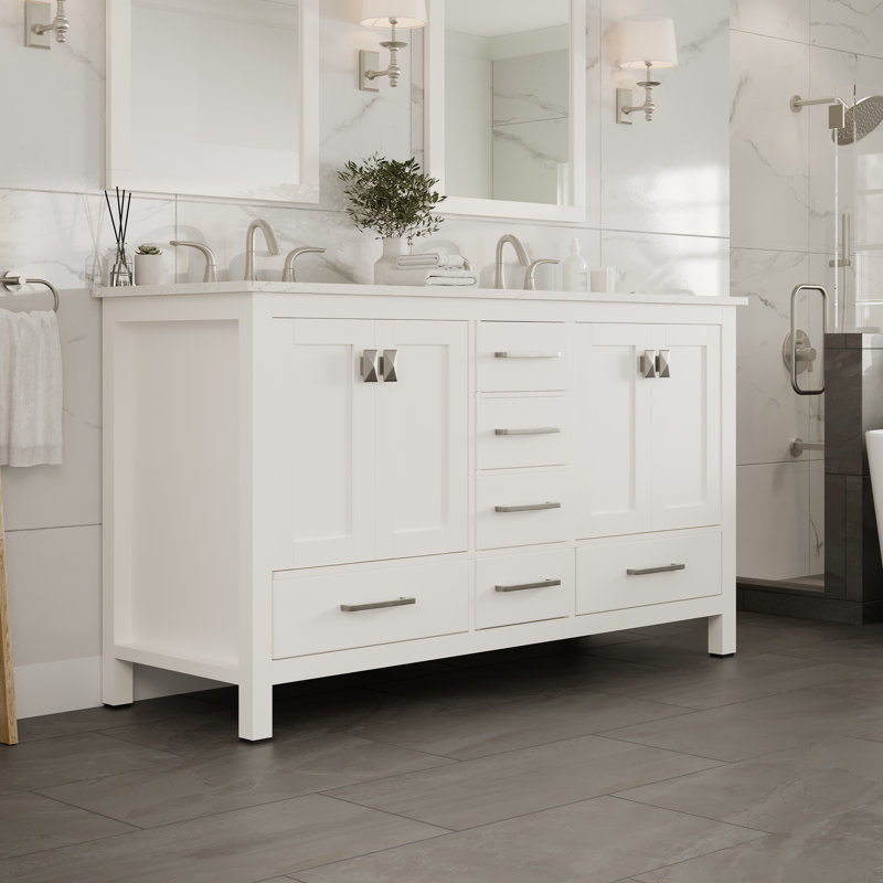 Aberdeen White Double Sink Bathroom Vanity with Carrara Quartz Top