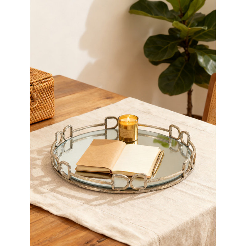 16.1" Round Valentina Silver Mirror Tray, Large Decorative Serving Tray with Openwork Frame
