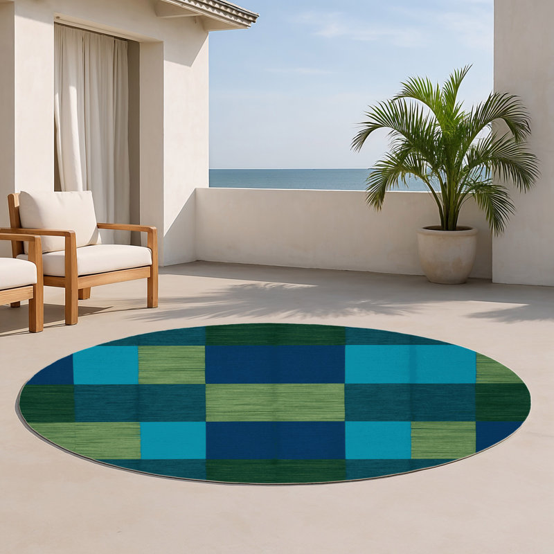 Tapis d'intérieur et d'extérieur à carreaux bleu, Rond 5 pi