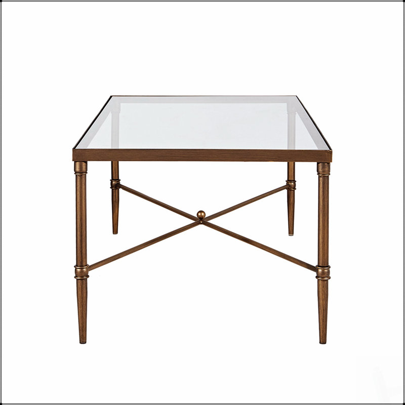 Table basse rectangulaire moderne et élégante avec dessus en verre trempé et structure métallique robuste, idéale pour les salons contemporains.