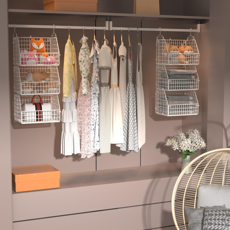 Hanging Closet Organizer And Storage, Clothes Hanging Shelves Wire Baskets For Clothing Sweaters Purse Handbags Shoes White 5 Tier