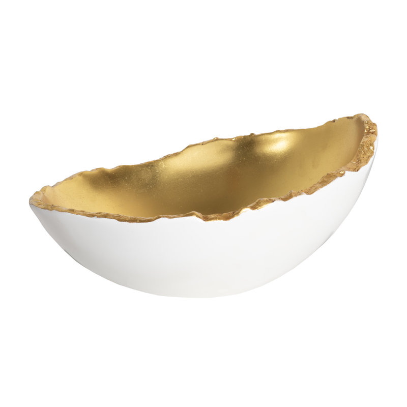 Bol décoratif abstrait en résine Broken Egg, Blanc perle / feuille d'or