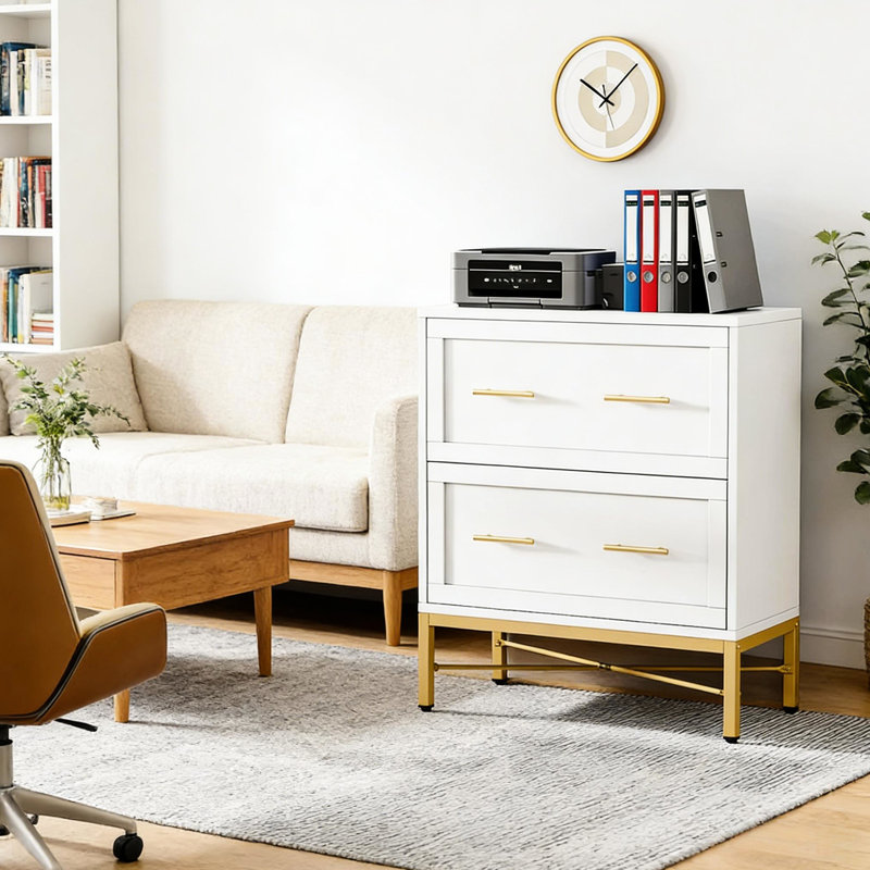 2 classeurs de bureau au design blanc épuré avec bordure dorée brillante, tiroirs extensibles pour un accès en profondeur, emplacement pour imprimante supérieure de 31,4 po x P 15,7 po, caractéristiques intégrées, configuration à deux tiroirs avec cadre en acier,