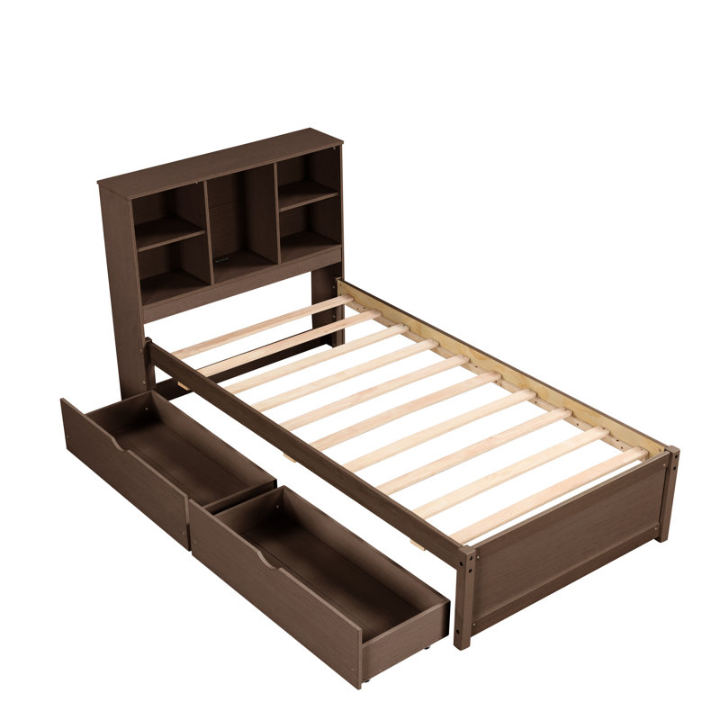 Structure de lit simple avec finition noyer et espace de rangement pratique coloré, Noyer