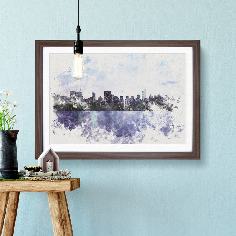 Night Skyline of New York - Picture Frame Graphic Art Print, 24cm H x 33cm W x 2cm D, Walnut Framed