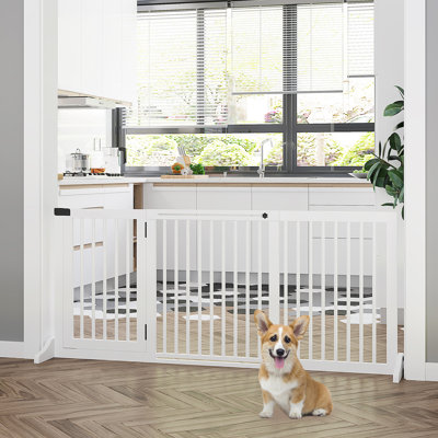 Wooden Pet Gate By . Freestanding, Adjustable 44.5" - 63.92". 3 Panels, Lockable Door, Barrier. White. For Hall, Doorway, Entryway. Barrier From Freestanding Design. Panels With & Door. Entryway