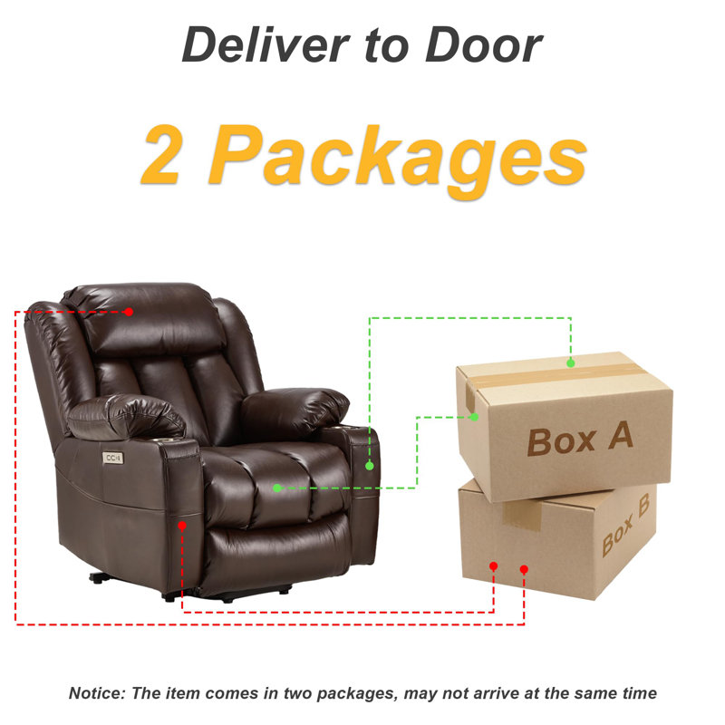 40'' Wide Heat Power Lift Recliner Leather Massage Sofa, Chair With Cup Holders, USB & Type-C Ports, Remote Control, Brown