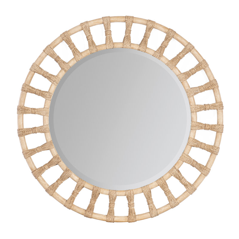 Beige Round Wood and Rope Coastal Wall Mirror