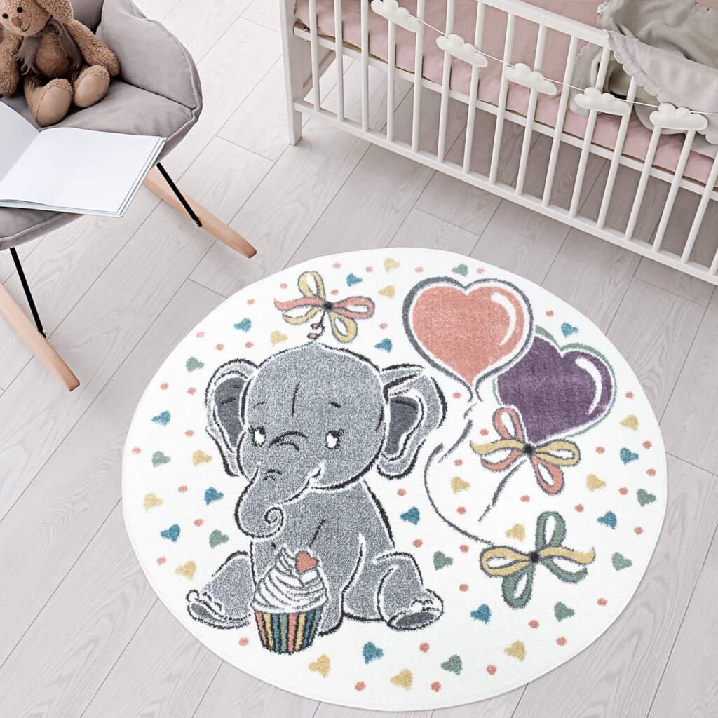 Kinderteppich Anime 896 Creme Tier Motiv Elefant Herzen Kinderzimmer Kurzflor Gyrth