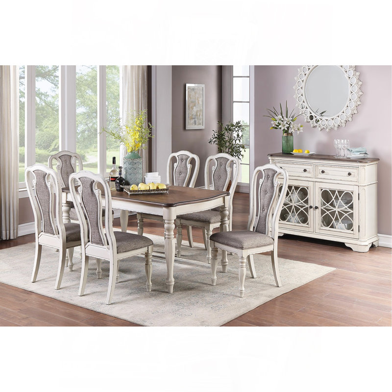 Transitional Style 7Pc Dining Set Dining Table W Oak Top 6Xside Chairs Cushion Seat Antique White Kitchen Dining Room
