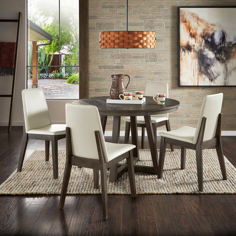 Cipolla 47" Wood Finish Fixed Top Round Dining Set - 5-Piece, Dining Table, White Faux Leather Dining Chairs, Gray
