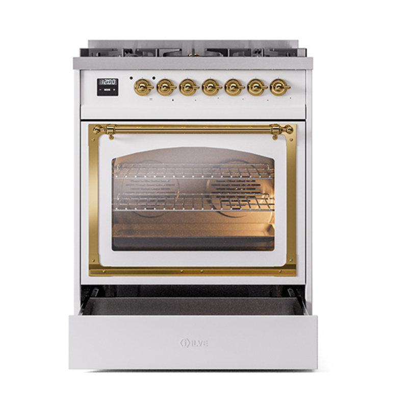 ILVE Nostalgie II Noblesse 30 in Dual Fuel Range, White/Brass, Natural Gas