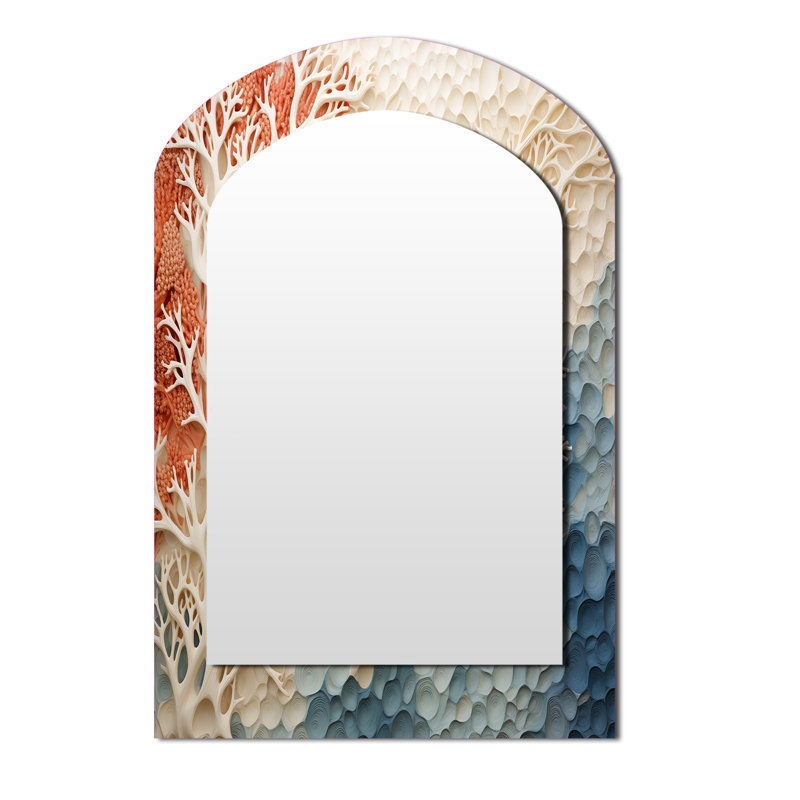 Pink And White Coastal Coral Collage I - Corals Asymmetrical Decorative Wall Mirror, Cream Arch Mirror, Printed Metal Art