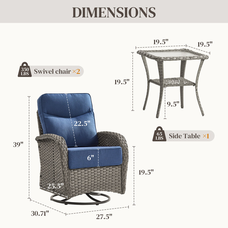Ensemble de 3 chaises de patio pivotantes en osier de 3 po avec tables d'appoint, Bleu, Gris