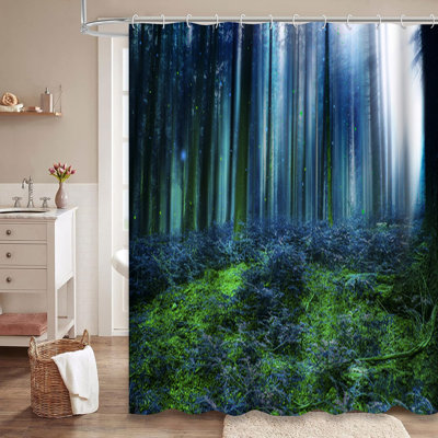 Lights Landscape Nature Light Autumn Wood Beautiful Blue Forest Shower Curtain with 12 Hooks
