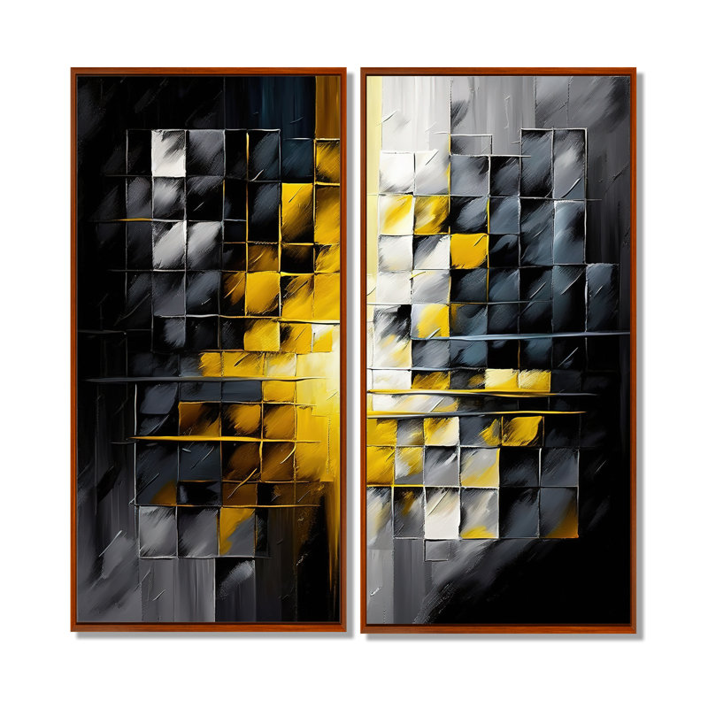 Abstrait géométrique noir et jaune IV - Art mural abstrait géométrique, 20'' H x 24'' W, Impression encadrée flottante, Brown