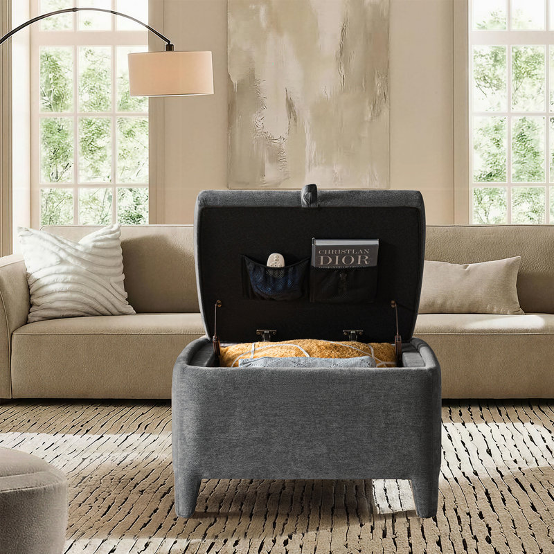 Zephyr 30"W Modern Chenille Upholstered Ottoman with Storage, Gray