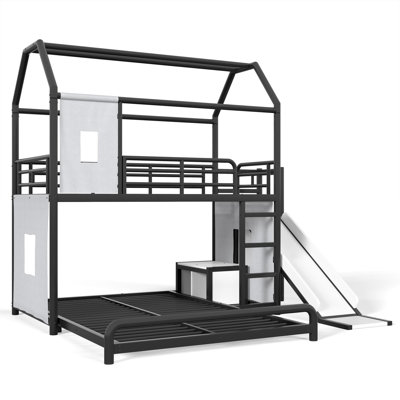 Lit superposé en métal, maisonnette en métal avec glissoire, bande lumineuse à DEL et échelle, lit superposé en forme de maison avec armoire de rangement mobile et tringle, structure de maisonnette, lit superposé bas en métal robuste pour salle de jeux