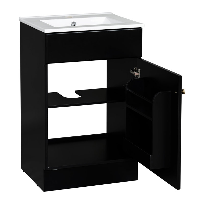 Meuble-lavabo de 20 po avec lavabo en céramique, porte et armoire de rangement, Noir, noir, noir, noir, Doré