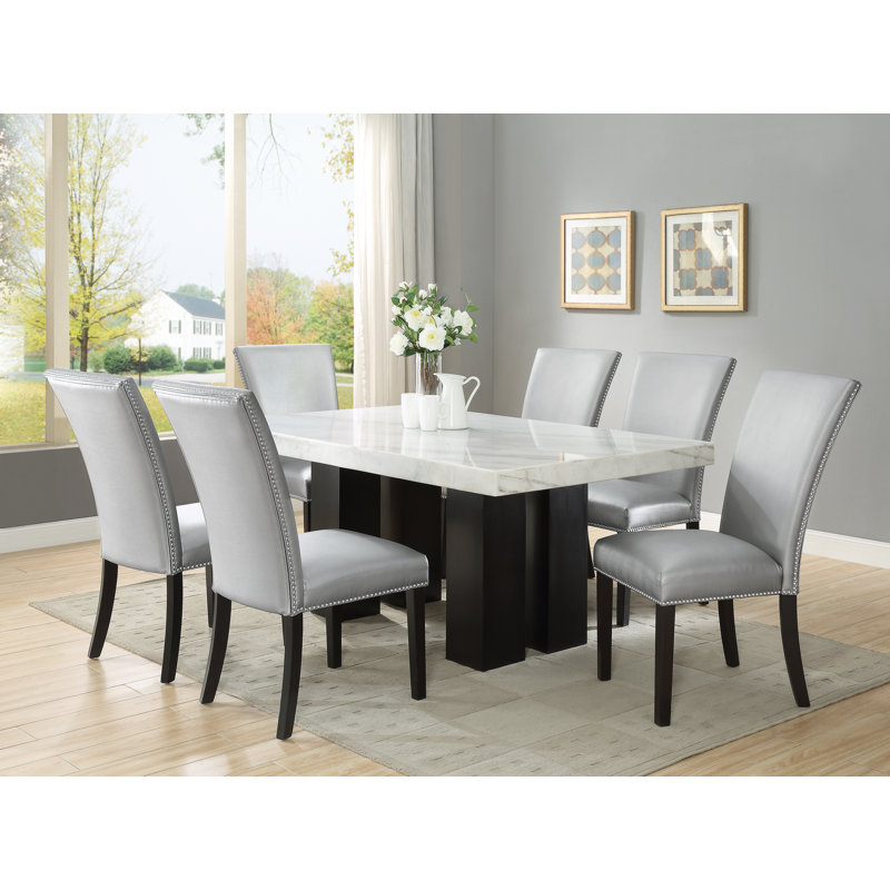 Anxhela 6 - Person Marble Top Trestle Dining Set, Silver