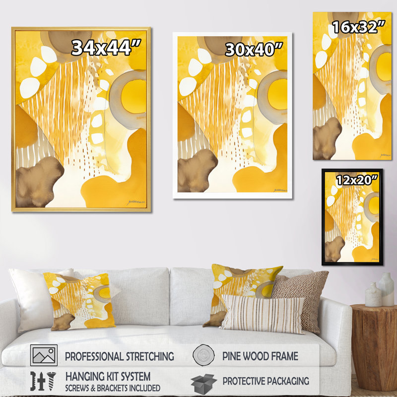 Moutarde jaune, rêves rétro, aquarelle - décoration murale moderne Mid-Century, Cadre simple argenté