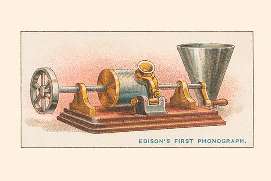 Premier phonographe d’edison-impression d’art graphique, H 28 po x l 42 po x P 1,5 po