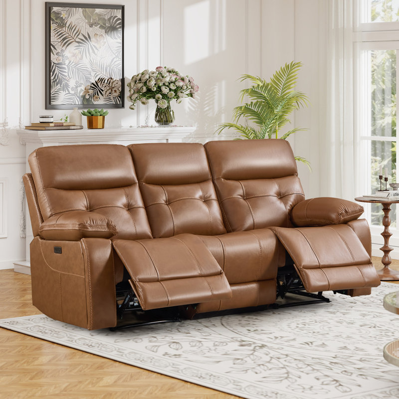 83.86" W Modern Super Soft Top Grain Leather Tufted  Power Reclining Sofa With Dual Hidden Cup Holders & USB Port(Set Of 2)