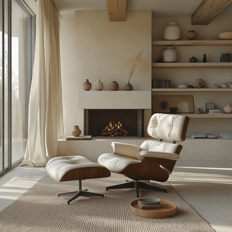 Real Leather lounge chair with Solid Wood, Dark Wood White Genuine Leather