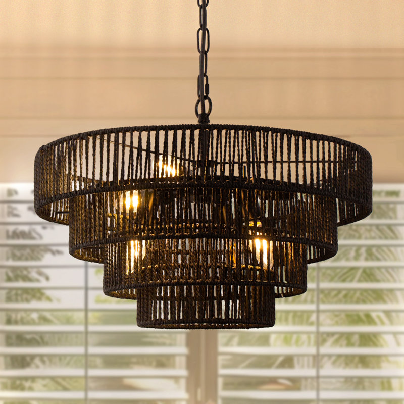 Kavik 6 - Light Stainless Steel Dimmable Drum Chandelier, Black, 13.8" H x 19.7" W x 19.7" D