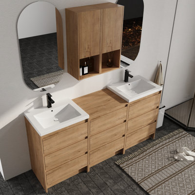 Meuble-lavabo double autoportant avec comptoir en résine et rangement mural pour armoire de salle de bain
