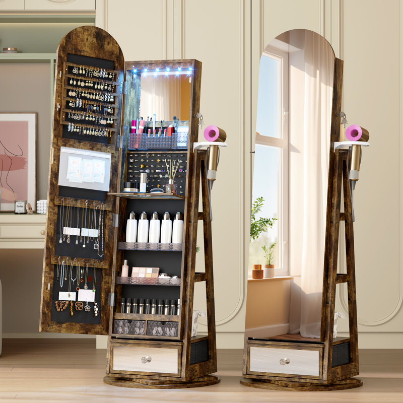 360° Swivel  Arched Jewelry Cabinet, Standing and Lockable Jewelry Armoire with Full-Length Mirror, Rustic Brown