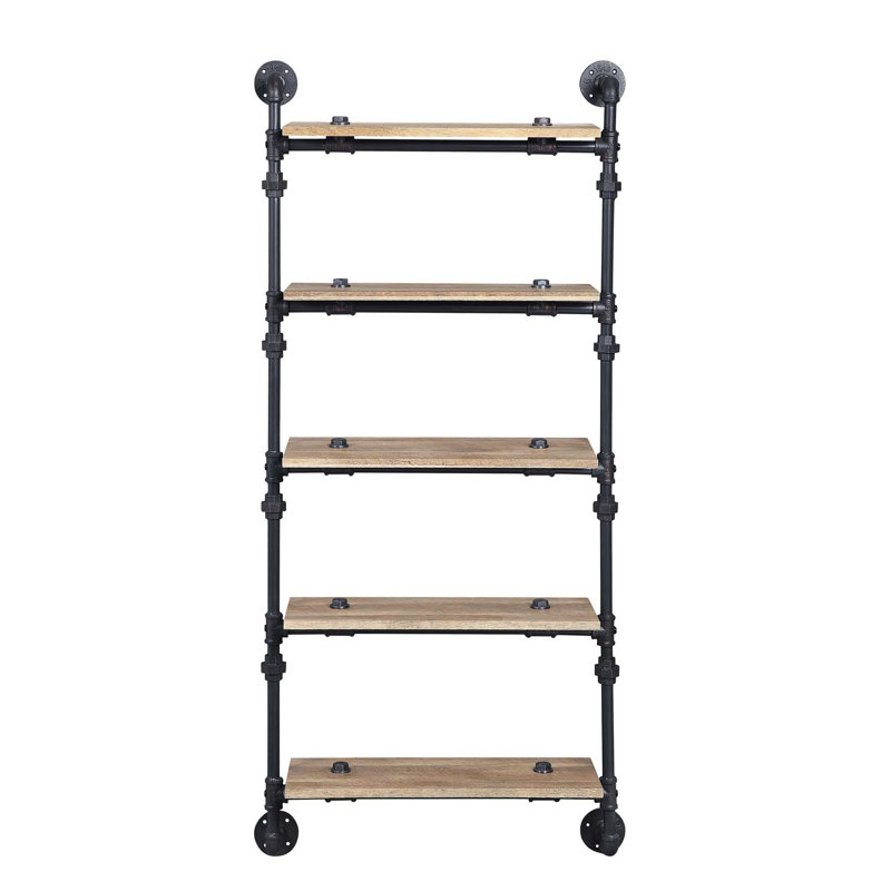 5 Tier Oak Wall Shelf With Metal Frame, Water Pipe Style, Floating For Office Storage And Decor, 9"W Shelf, 12" Style Mounted Spacious Home Space