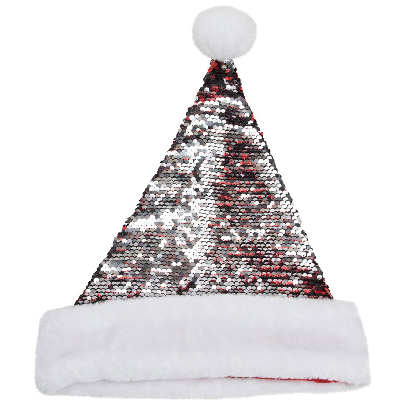 15" Reversible Sequined Christmas Santa Hat with Faux Fur Cuff, Red/Silver